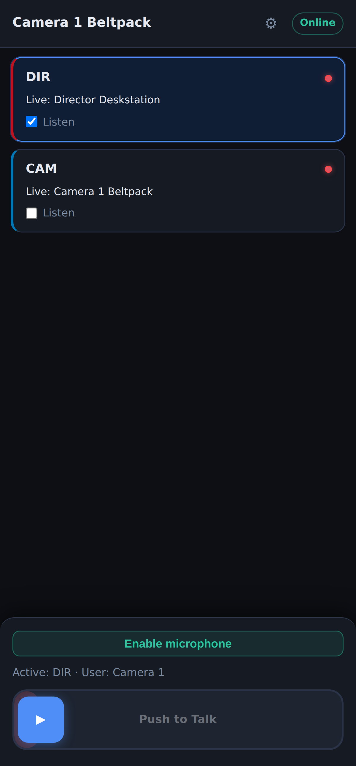 Browser beltpack push-to-talk